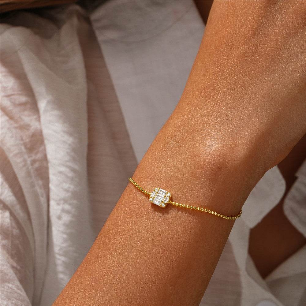 S925 pure silver square diamond inlaid chain daily matching women's bracelet - MOWTE