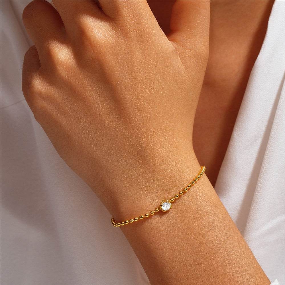 Fashionable Ins Style s925 Pure Silver Single Diamond Set Round Bead Women's Bracelet