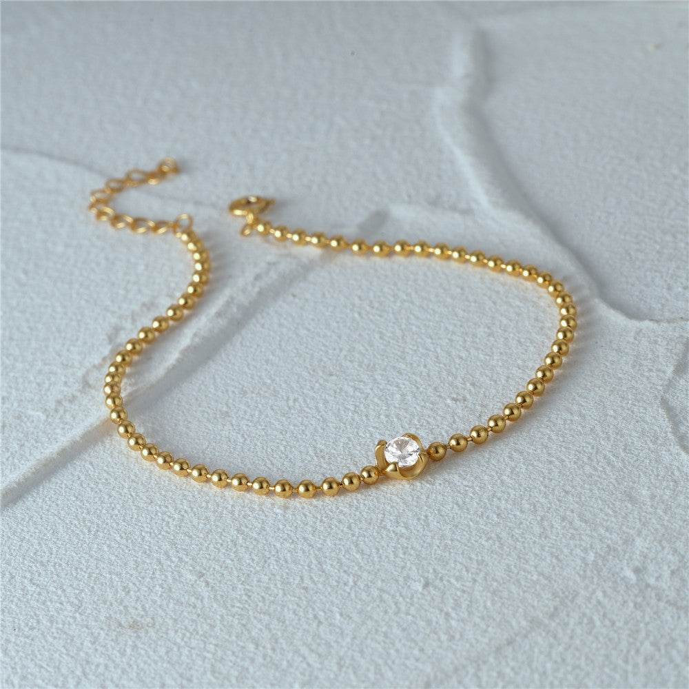 Fashionable Ins Style s925 Pure Silver Single Diamond Set Round Bead Women's Bracelet - MOWTE