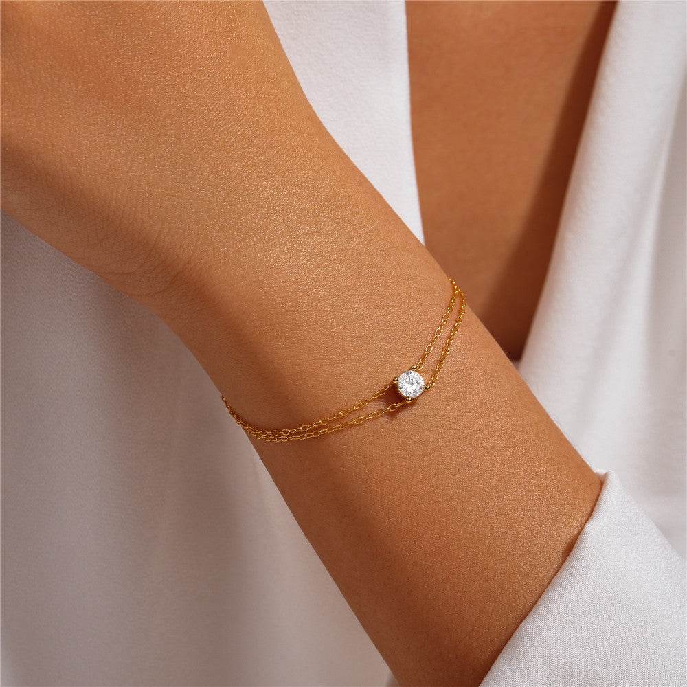 S925 sterling silver fashionable ins minimalist four claw diamond inlaid double-layer bracelet