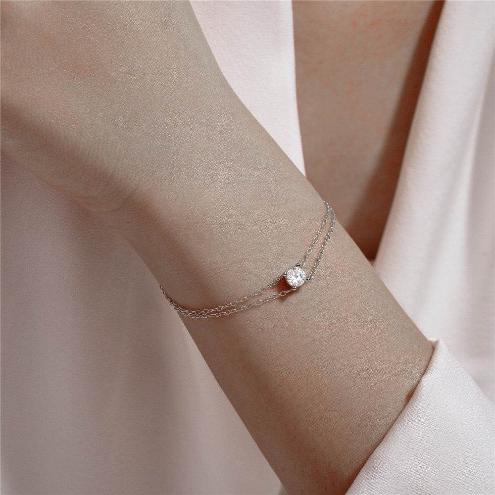 S925 sterling silver fashionable ins minimalist four claw diamond inlaid double-layer bracelet