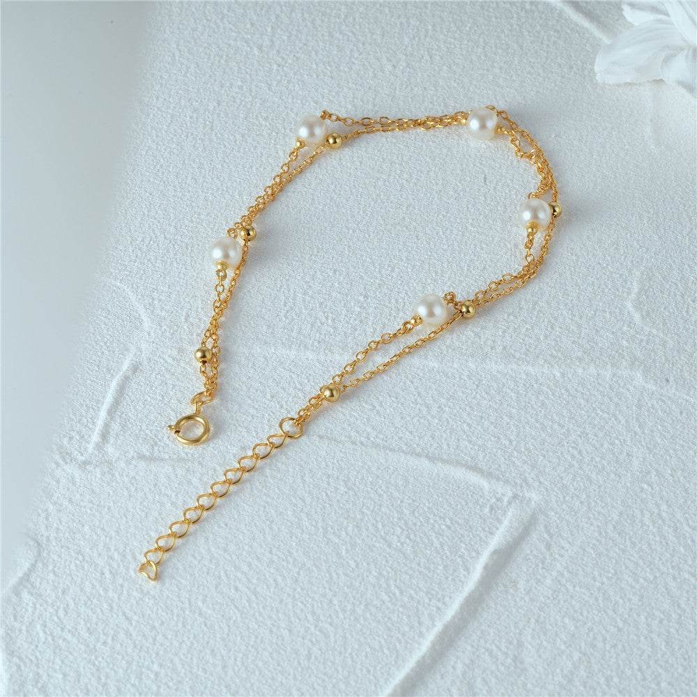 S925 sterling silver versatile layered double layered pearl small gold bead bracelet