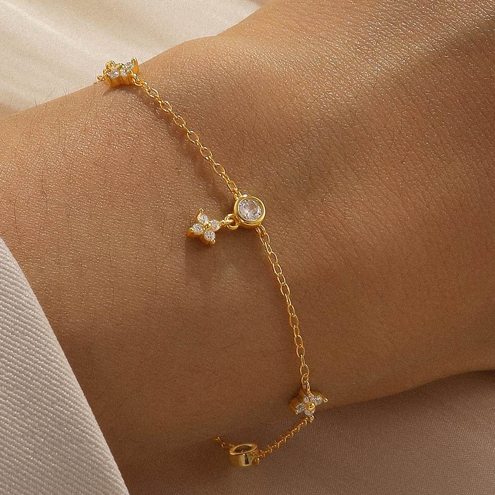 S925 sterling silver flower inlaid diamonds stacked layered women's bracelet versatile commuting accessory - MOWTE