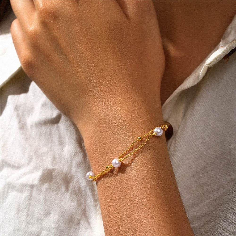 S925 sterling silver versatile layered double layered pearl small gold bead bracelet