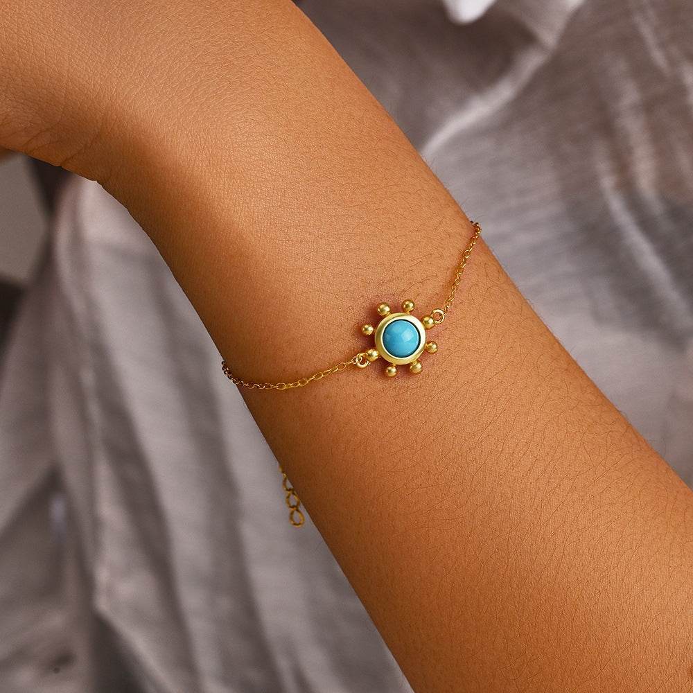 S925 pure silver turquoise flower round brand diamond inlaid women's bracelet