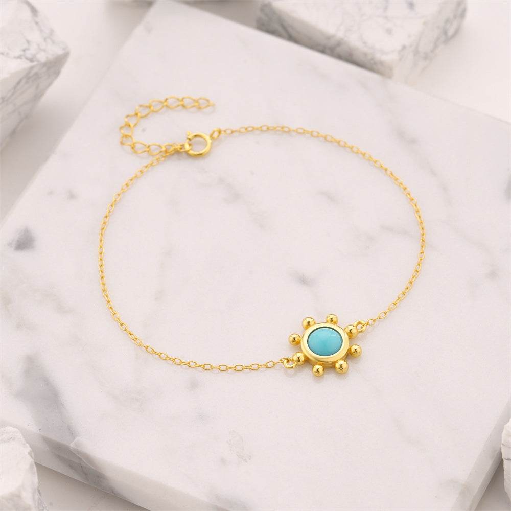 S925 pure silver turquoise flower round brand diamond inlaid women's bracelet