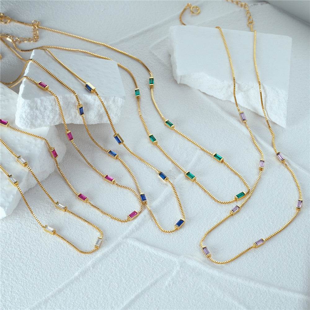 925 sterling silver exquisite simple fine chain color diamond collarbone chain necklace - MOWTE
