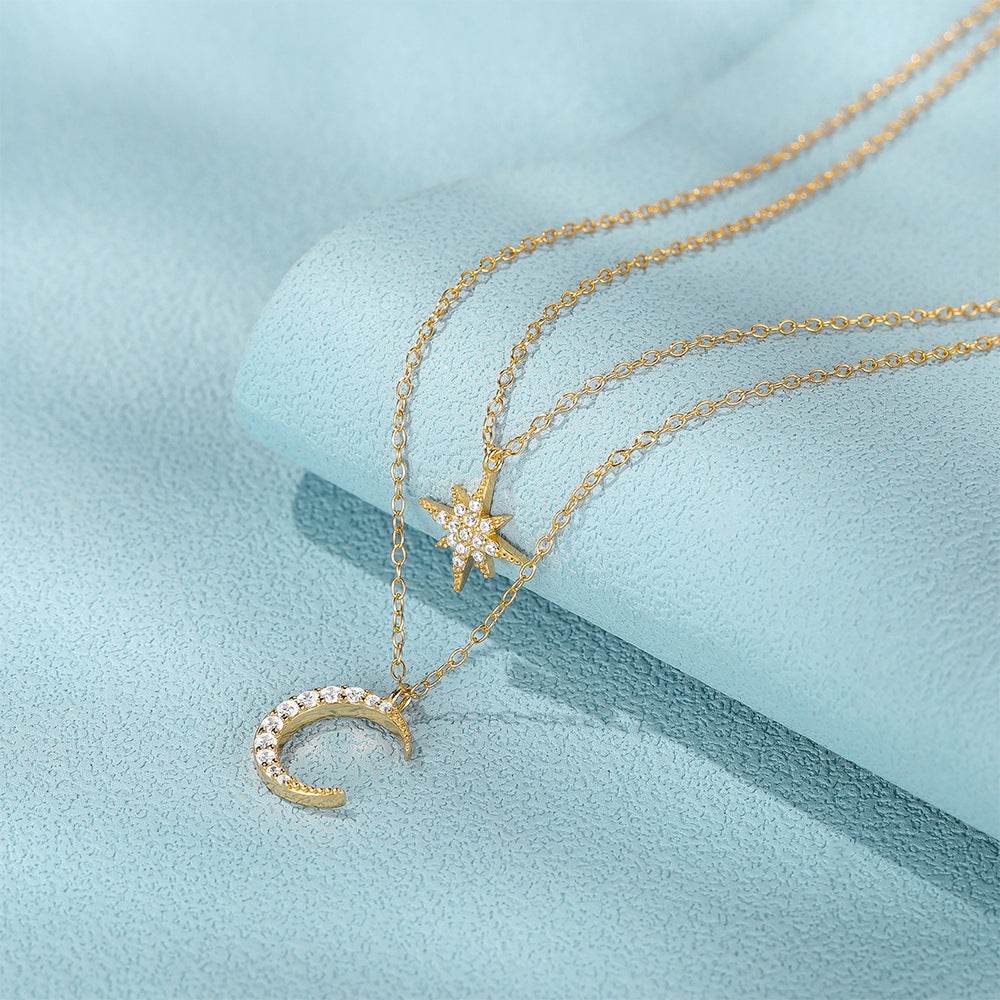 S925 sterling silver double-layer layered diamond star moon collarbone chain - MOWTE