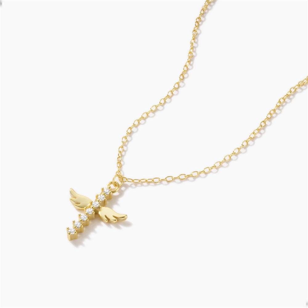 925 sterling silver cross with diamond angel wings pendant collarbone chain - MOWTE