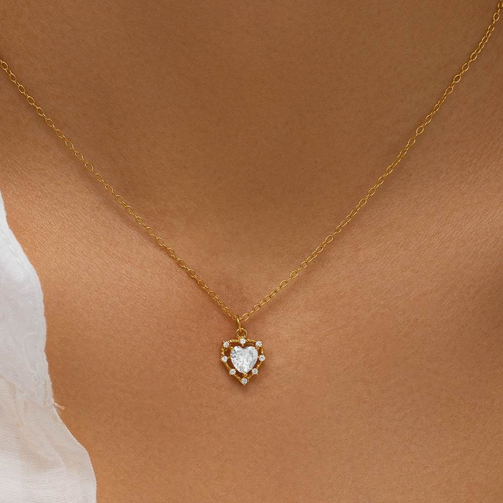 S925 sterling silver heart-shaped inlaid single diamond super sparkling collarbone chain - MOWTE