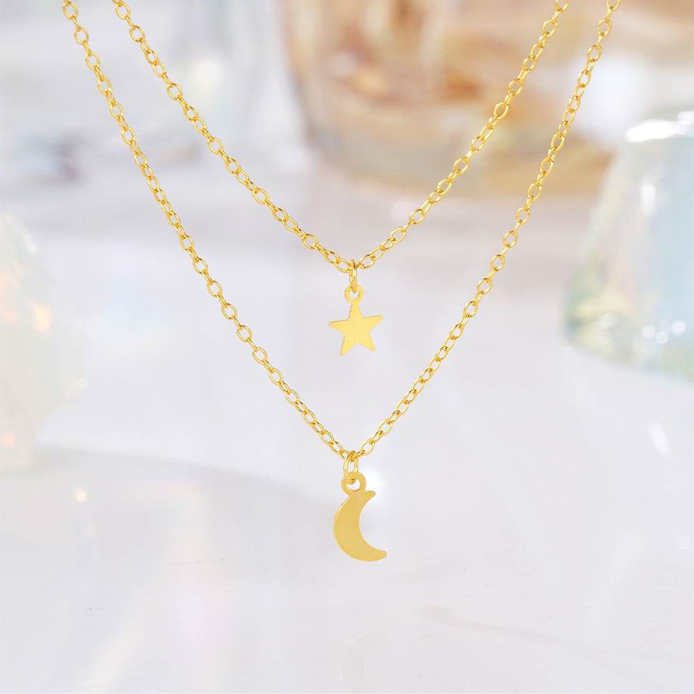 925 sterling silver double-layer layered star moon daily matching collarbone chain - MOWTE
