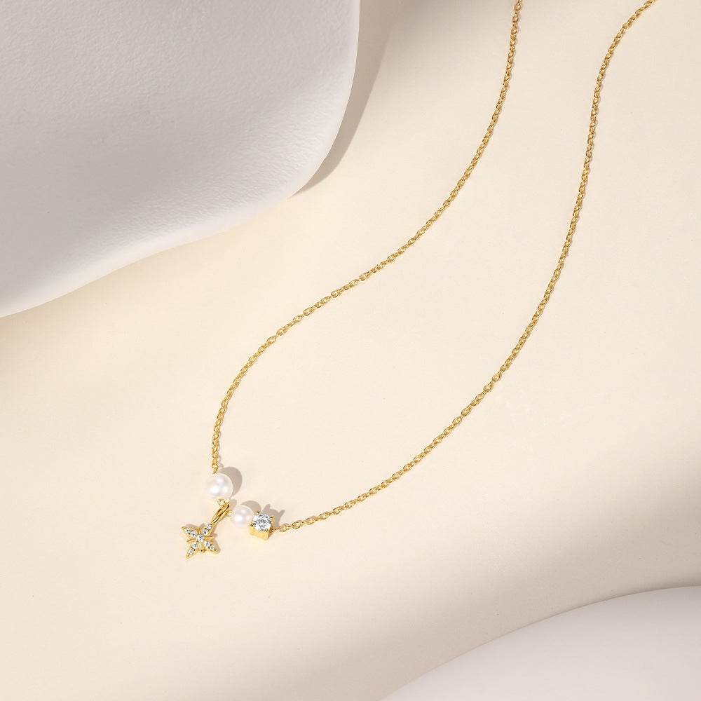 S925 pure silver exquisite pearl octagonal star high-end feeling collarbone chain - MOWTE