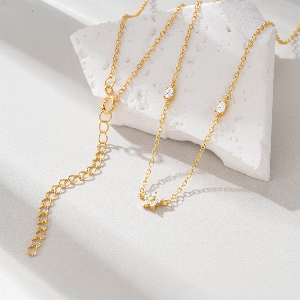 S925 sterling silver exquisite dazzling five petal flower star layered collarbone chain - MOWTE