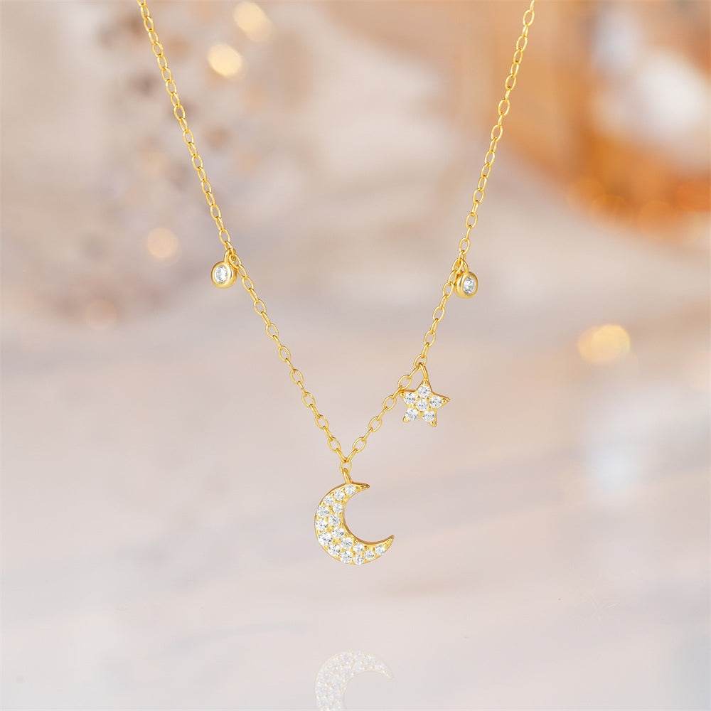925 sterling silver star moon diamond set women's layered necklace - MOWTE