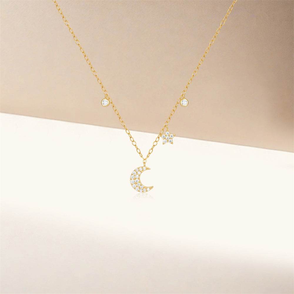925 sterling silver star moon diamond set women's layered necklace - MOWTE
