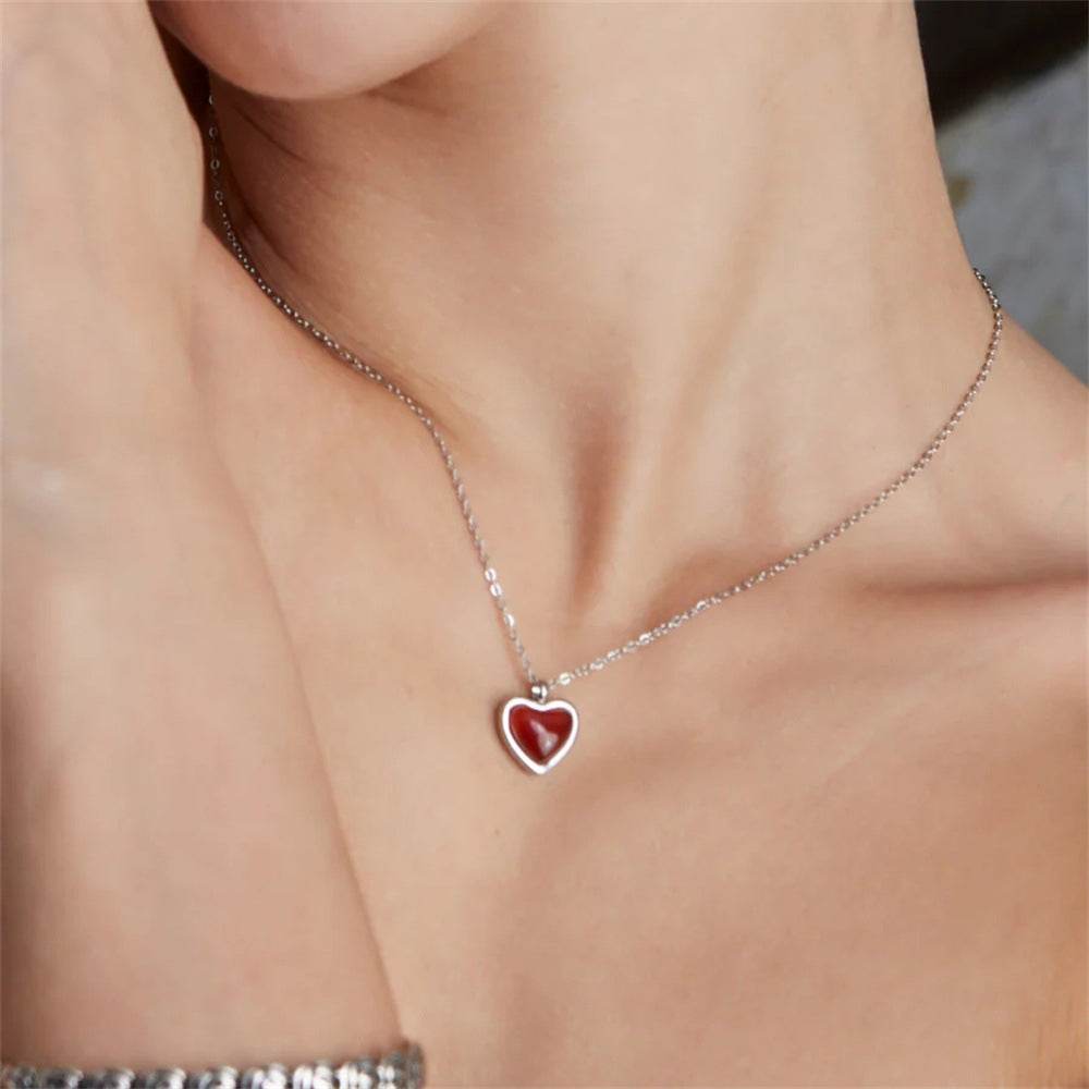 925 sterling silver agate necklace heart-shaped peach heart pendant collarbone chain - MOWTE