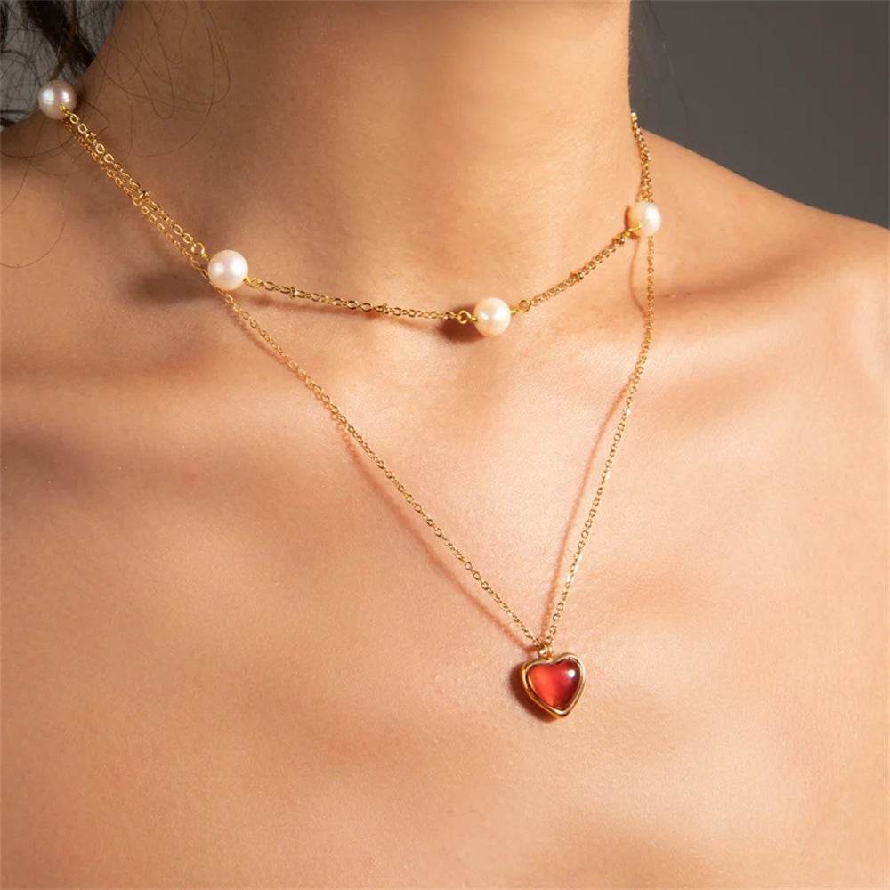 925 sterling silver agate necklace heart-shaped peach heart pendant collarbone chain - MOWTE