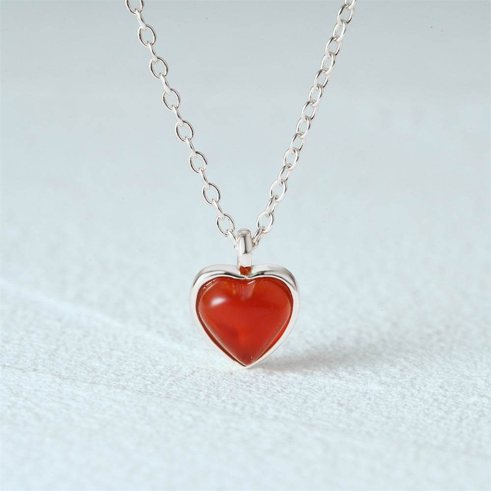 925 sterling silver agate necklace heart-shaped peach heart pendant collarbone chain - MOWTE