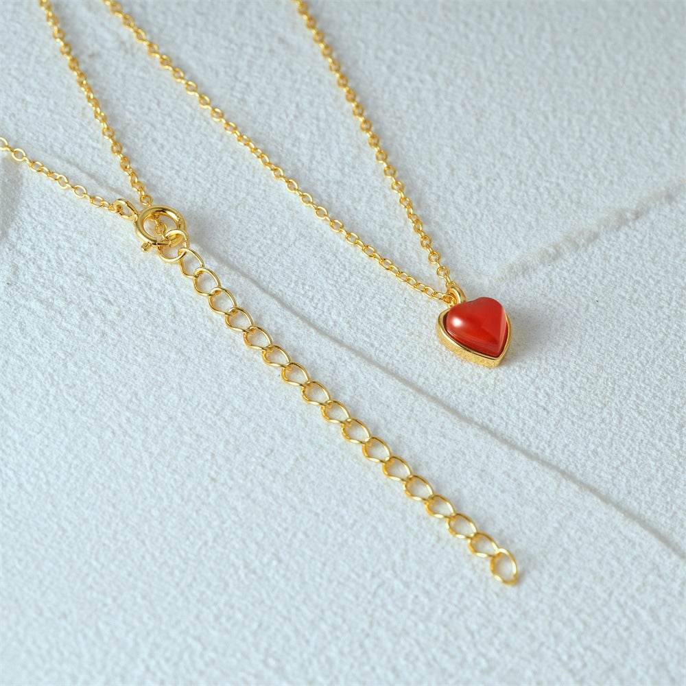 925 sterling silver agate necklace heart-shaped peach heart pendant collarbone chain - MOWTE