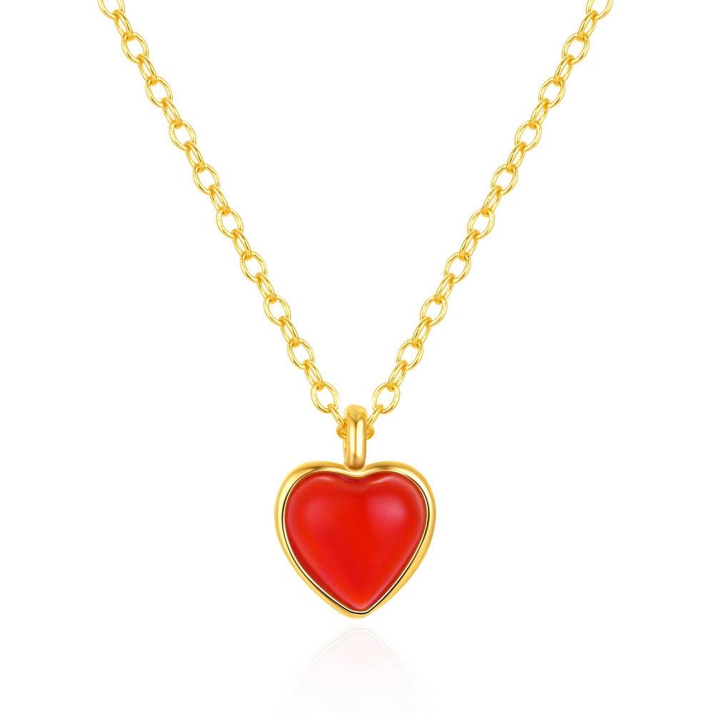 925 sterling silver agate necklace heart-shaped peach heart pendant collarbone chain - MOWTE