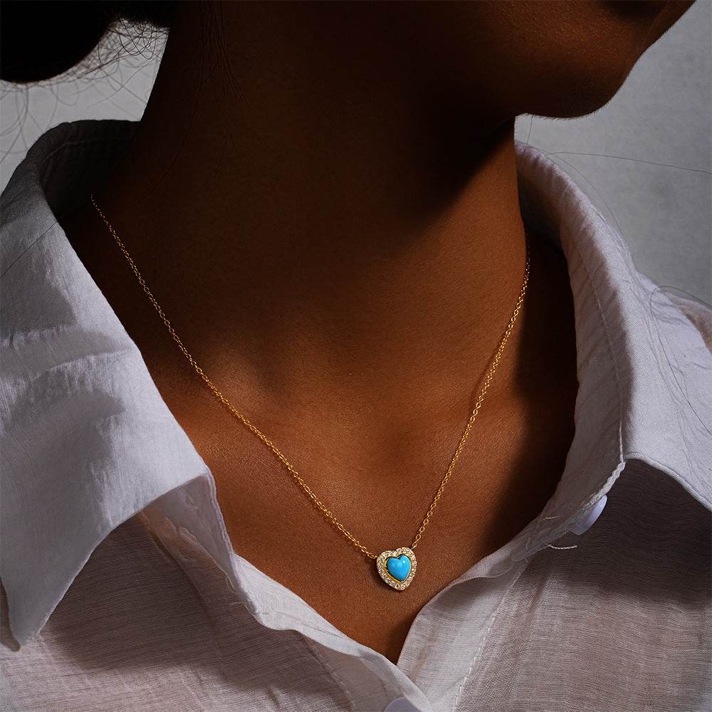 925 sterling silver heart-shaped necklace set with diamonds and turquoise - MOWTE