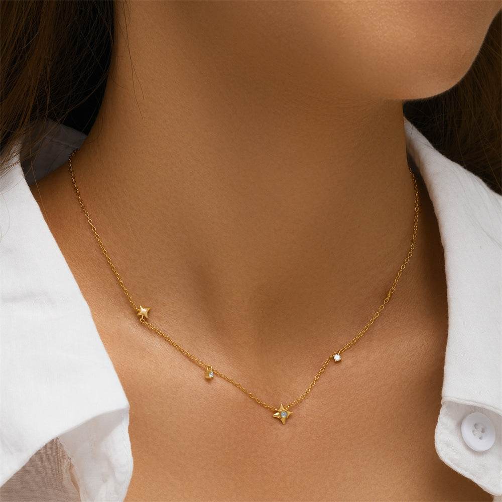 S925 sterling silver four pointed star diamond opal Australian treasure women's layered collarbone chain - MOWTE