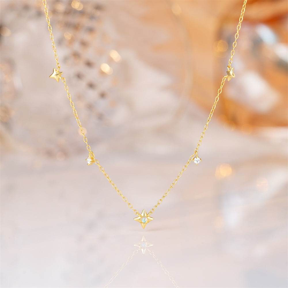 S925 sterling silver four pointed star diamond opal Australian treasure women's layered collarbone chain - MOWTE