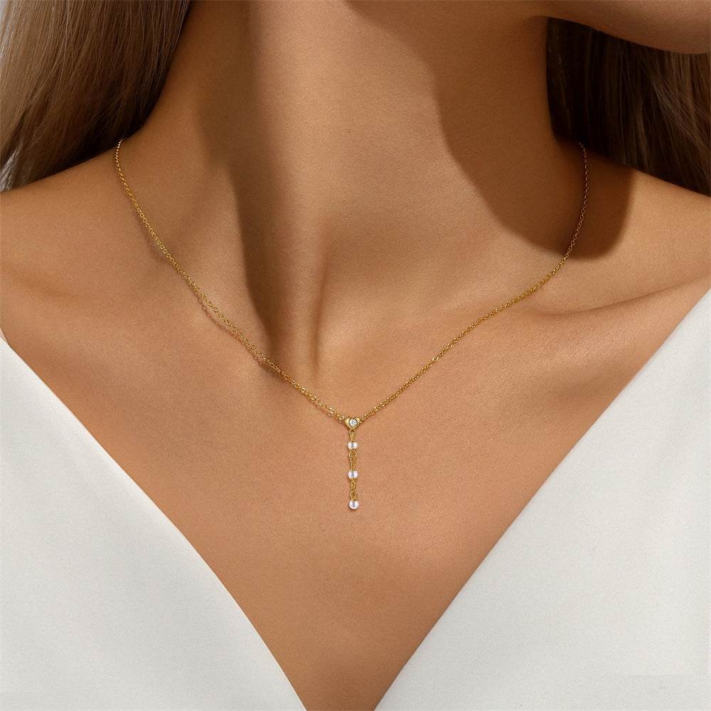 925 sterling silver heart-shaped Y-shaped pearl tassel necklace - MOWTE