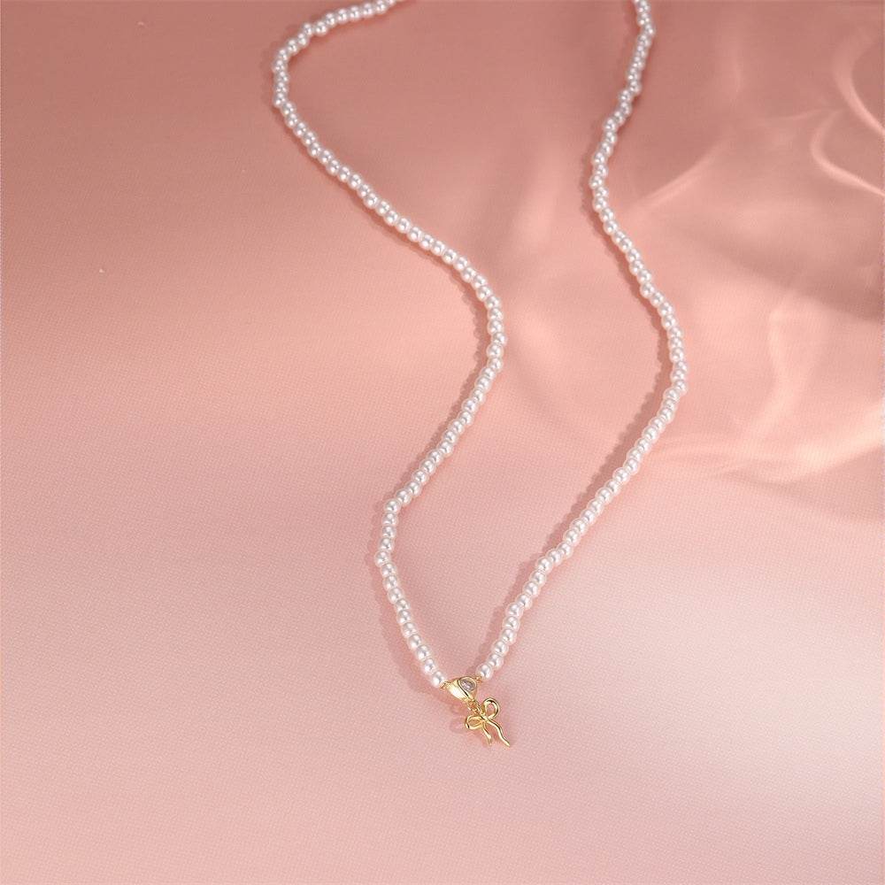 S925 sterling silver heart-shaped bow pearl layered collarbone chain - MOWTE