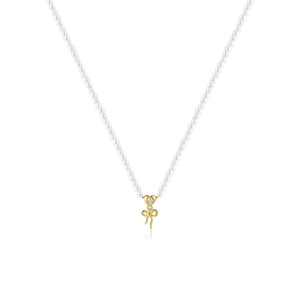 S925 sterling silver heart-shaped bow pearl layered collarbone chain - MOWTE