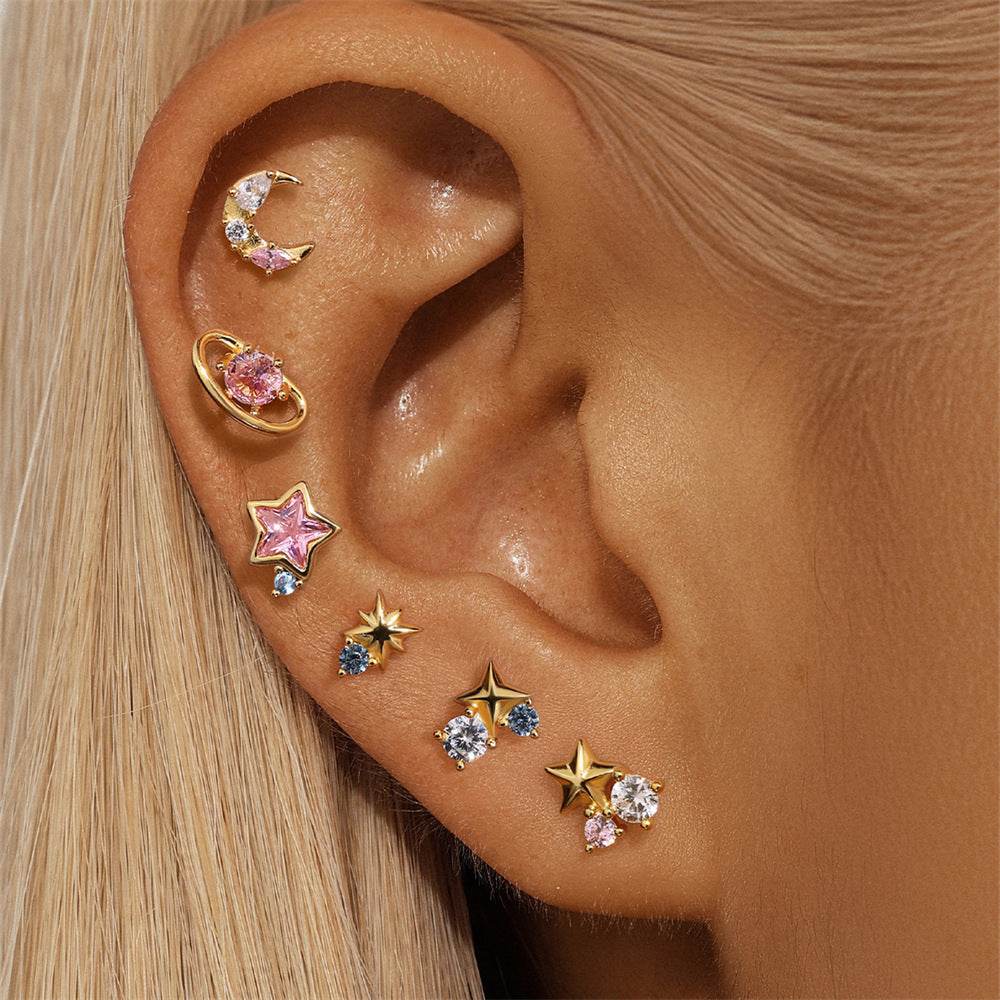 S925 Pure Silver Starry Sky Series Color Diamond Earring Set
