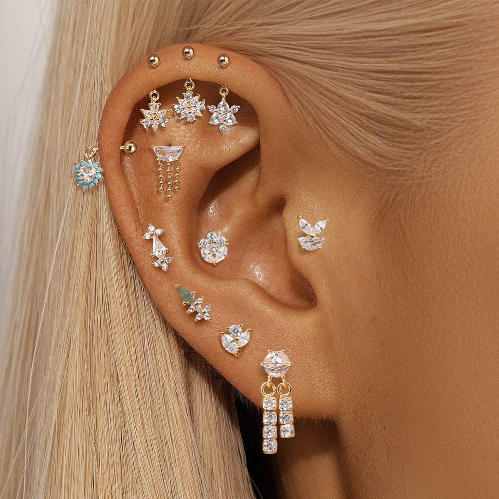 S925 pure silver geometric zircon splicing flower shaped earrings