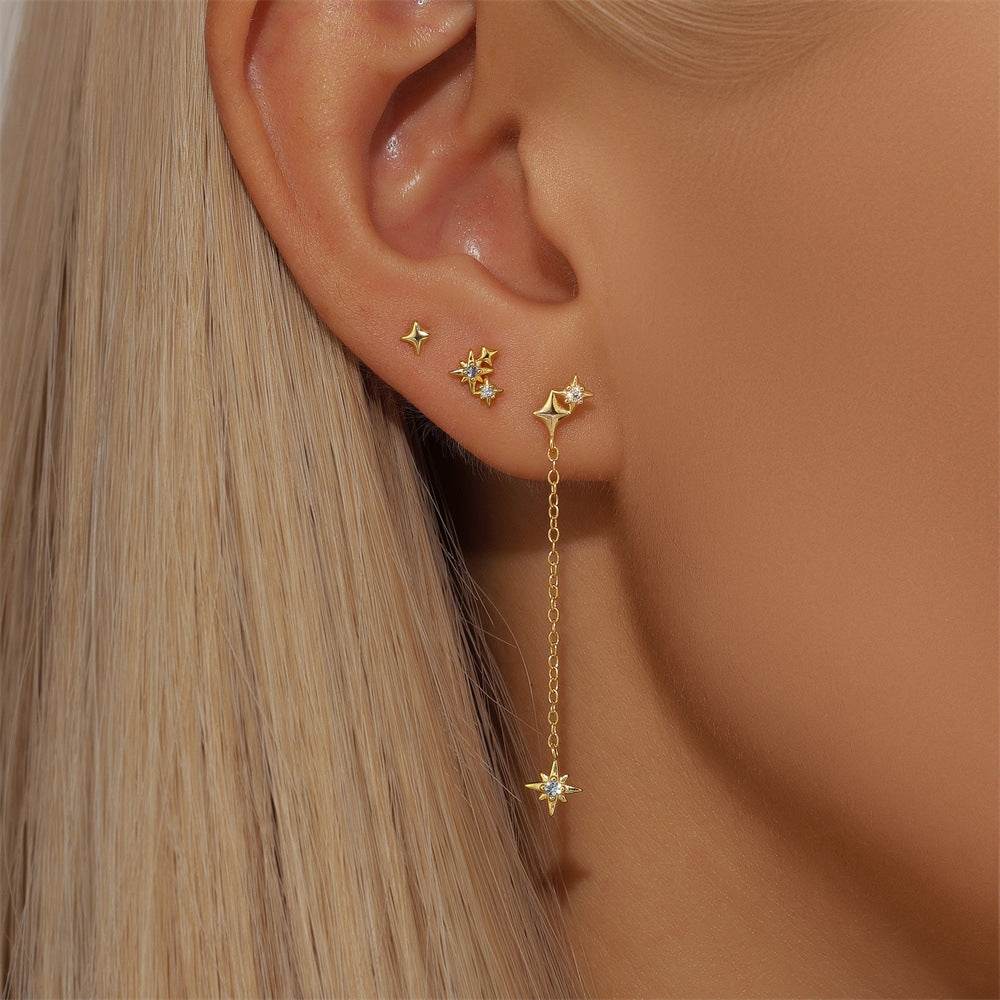 S925 sterling silver octagonal star three piece earring set with diamond chain tassel earrings
