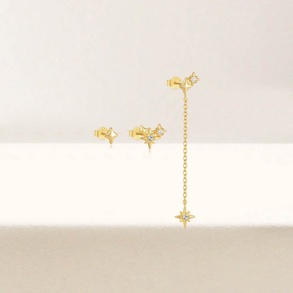 S925 sterling silver octagonal star three piece earring set with diamond chain tassel earrings - MOWTE