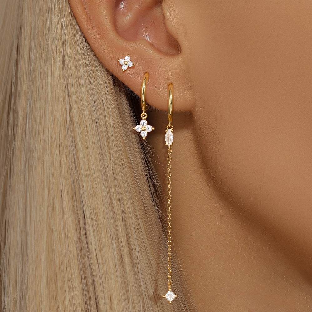 S925 sterling silver octagonal star three piece set diamond chain tassel earrings