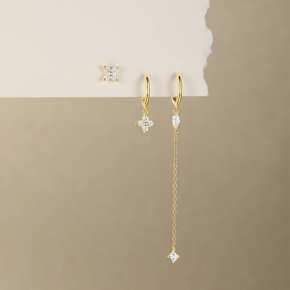 S925 sterling silver octagonal star three piece set diamond chain tassel earrings