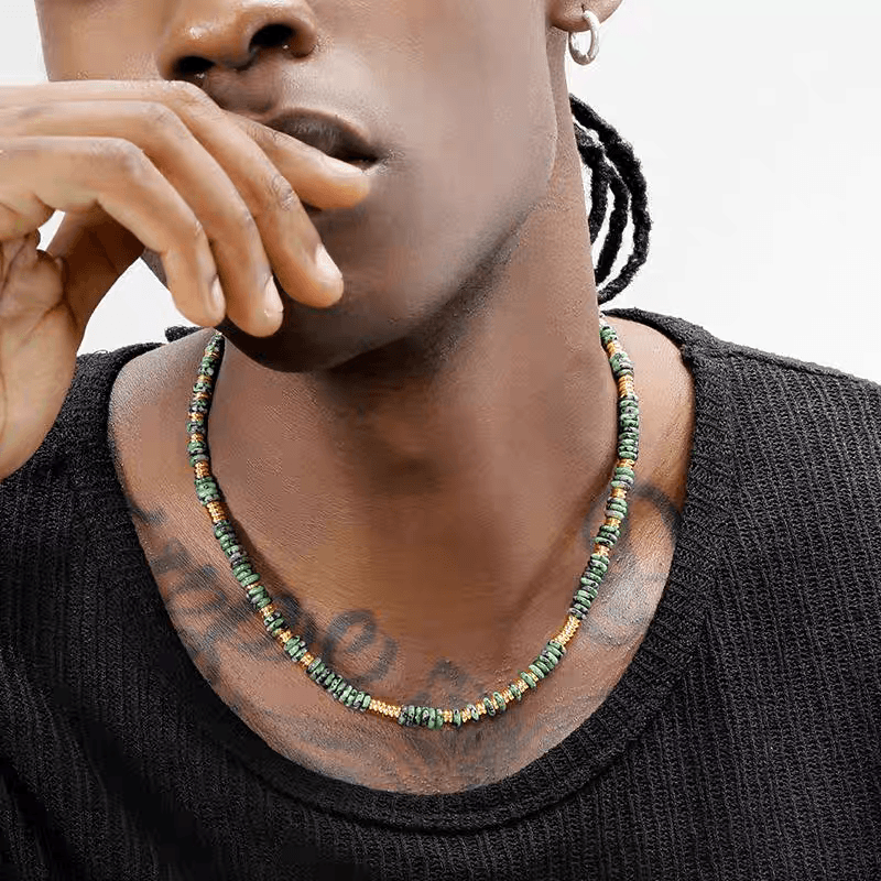 Spotted green stone bead necklace retro trendy gold round bead sweater chain versatile for men - MOWTE