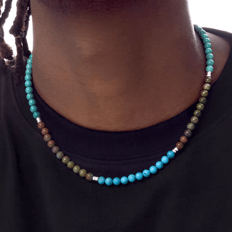 Natural turquoise necklace handmade bead color splicing pure silver collarbone chain - MOWTE