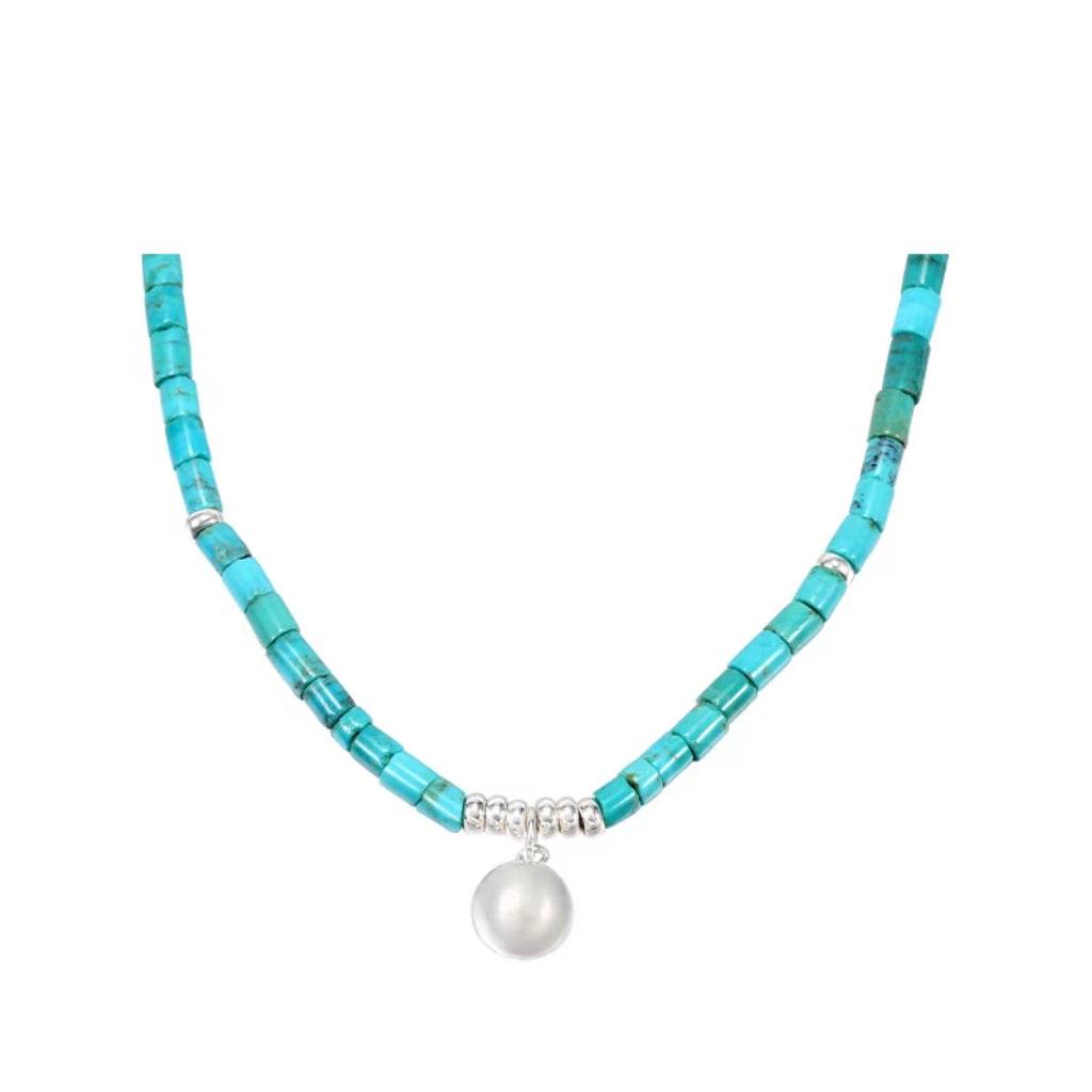 Natural turquoise necklace handmade bead color splicing pure silver collarbone chain - MOWTE