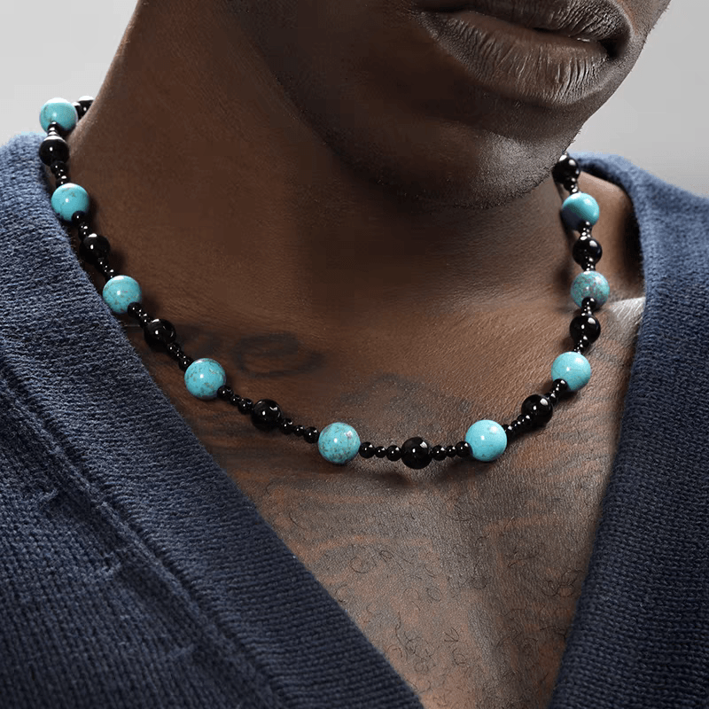 Black agate necklace men's hip-hop retro turquoise handmade bead collarbone chain necklace women's trend - MOWTE