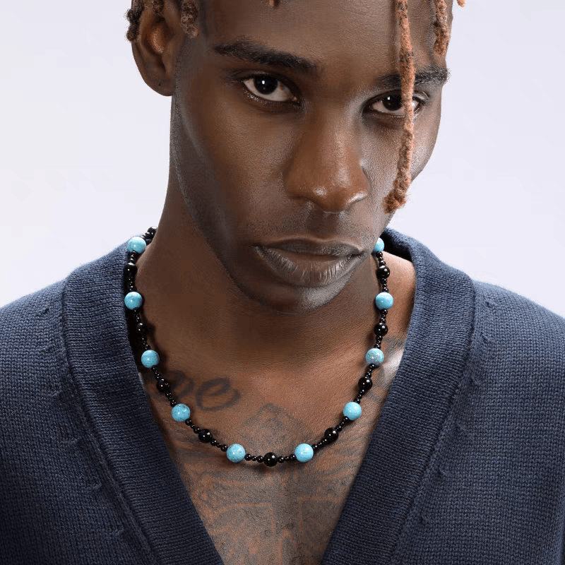 Black agate necklace men's hip-hop retro turquoise handmade bead collarbone chain necklace women's trend - MOWTE