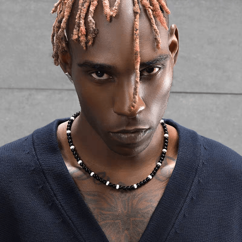 Black agate necklace men's hip-hop retro white shell bead handmade collarbone chain women - MOWTE