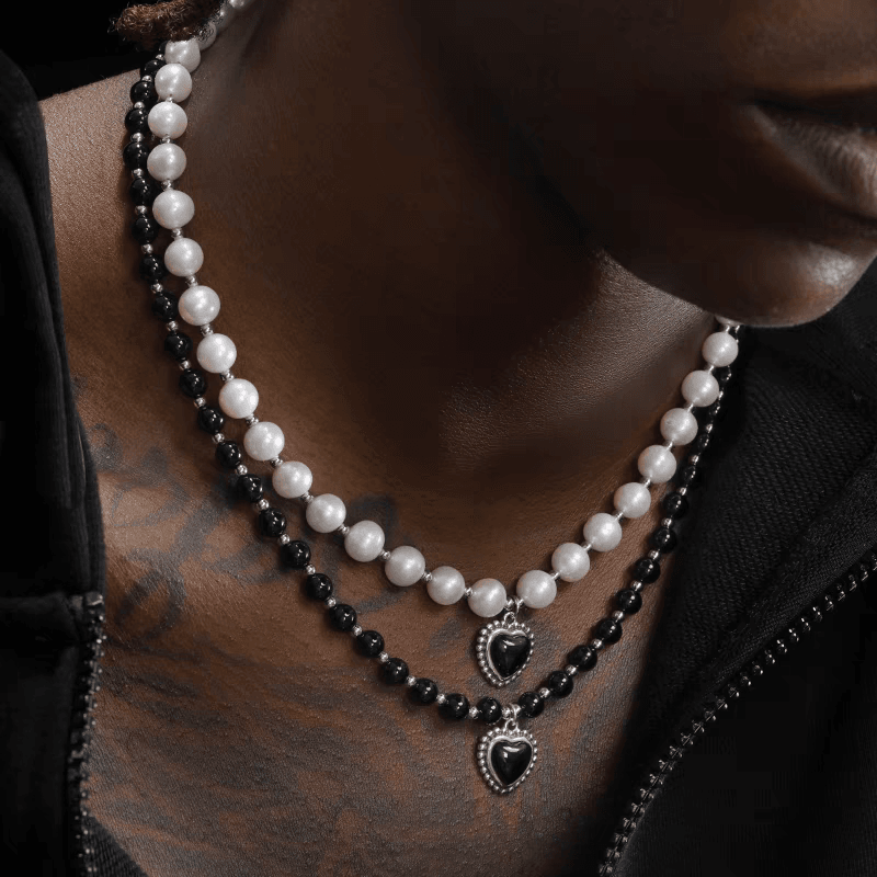 Pure silver heart-shaped pearl necklace men's accessories hip-hop style personalized couple trendy brand black collarbone chain ins - MOWTE