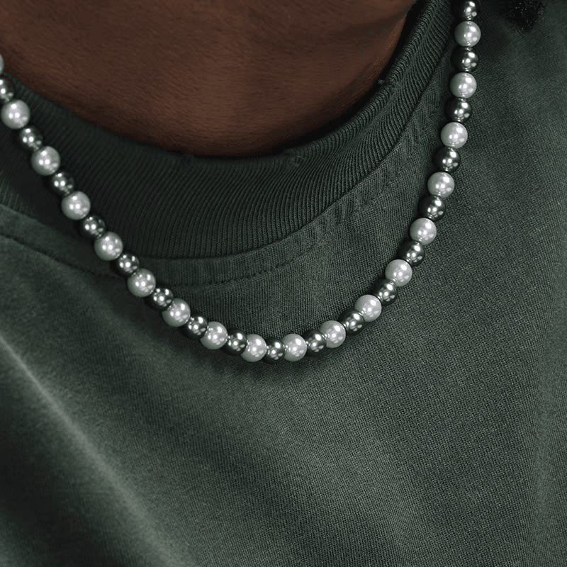 Round flawless strong light pearl necklace men's trendy versatile silver gray collarbone chain women's high-end necklace - MOWTE