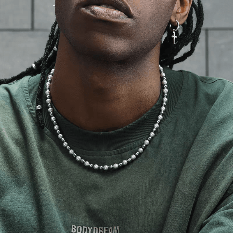 Round flawless strong light pearl necklace men's trendy versatile silver gray collarbone chain women's high-end necklace - MOWTE