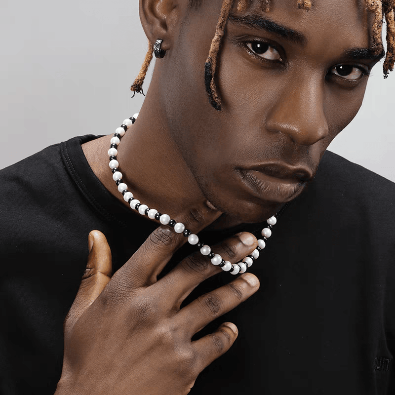 Authentic natural pearl necklace black and white separated beads vintage men's hip-hop collarbone chain - MOWTE