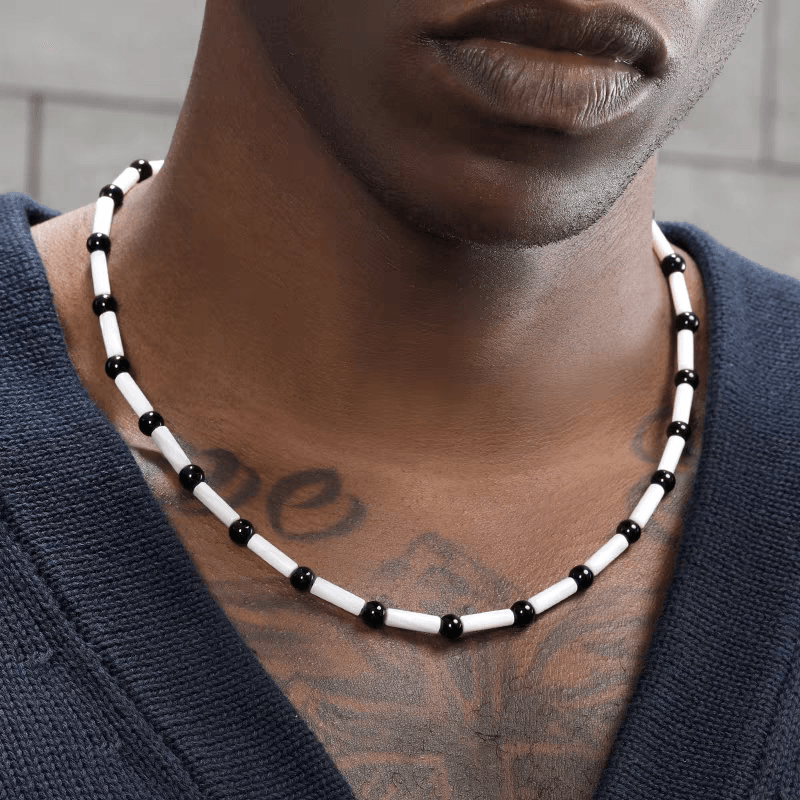 Black agate necklace men's and women's hip-hop trend white shell handmade bead collarbone chain neck chain - MOWTE
