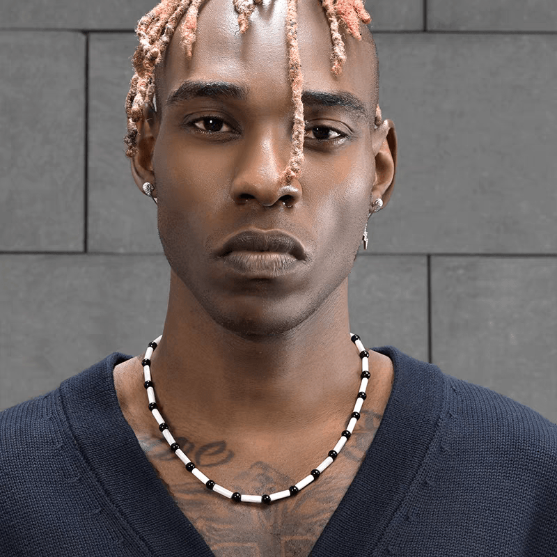 Black agate necklace men's and women's hip-hop trend white shell handmade bead collarbone chain neck chain - MOWTE