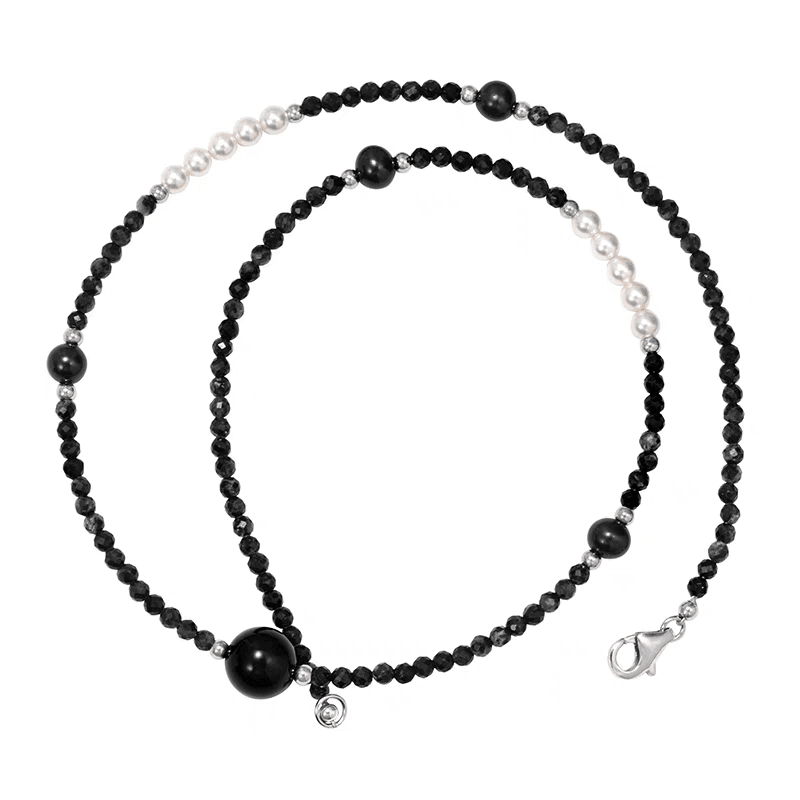 Black pointed stone necklace men's retro trend niche design agate pearl bead collarbone chain women's ins - MOWTE