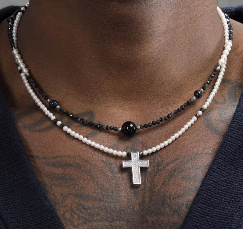 Black pointed stone necklace men's retro trend niche design agate pearl bead collarbone chain women's ins - MOWTE